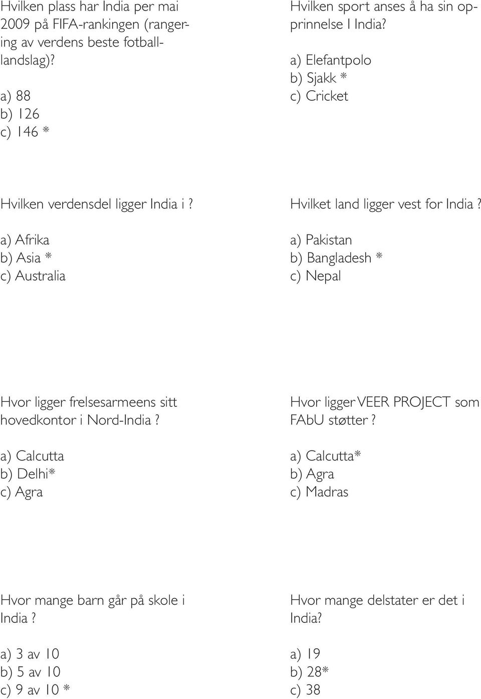 a) Pakistan b) Bangladesh * c) Nepal Hvor ligger frelsesarmeens sitt hovedkontor i Nord-India a) Calcutta b) Delhi* c) Agra Hvor ligger VEER PROJECT som FAbU