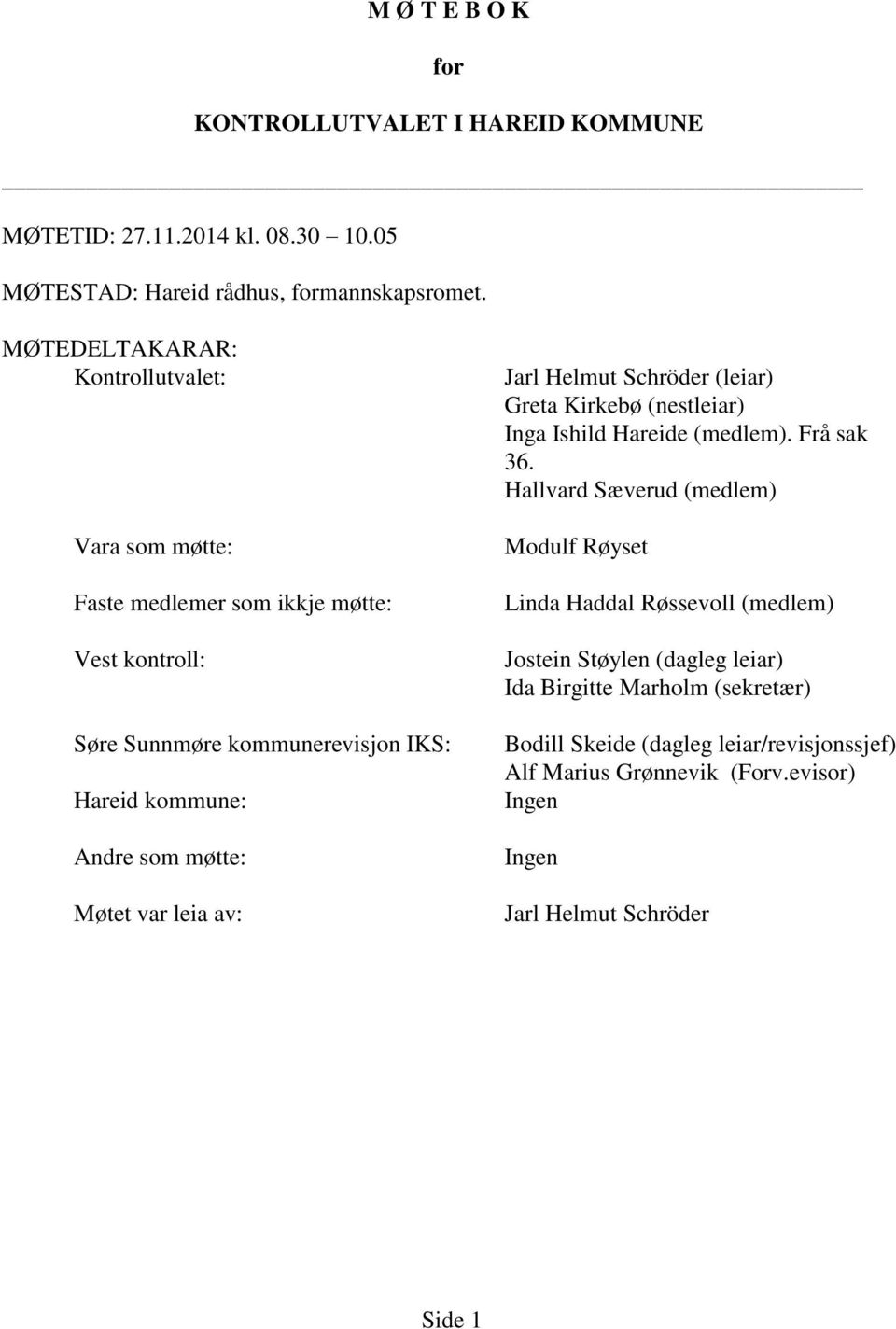 Møtet var leia av: Jarl Helmut Schröder (leiar) Greta Kirkebø (nestleiar) Inga Ishild Hareide (medlem). Frå sak 36.