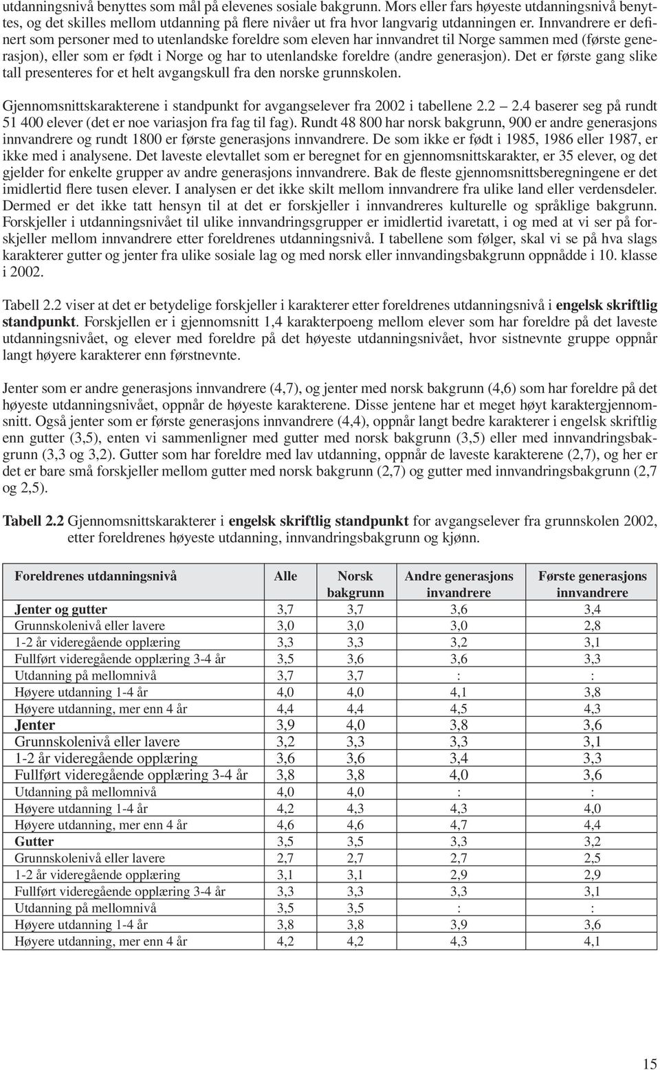 generasjon). Det er første gang slike tall presenteres for et helt avgangskull fra den norske grunnskolen. Gjennomsnittskarakterene i standpunkt for avgangselever fra 2002 i tabellene 2.2 2.