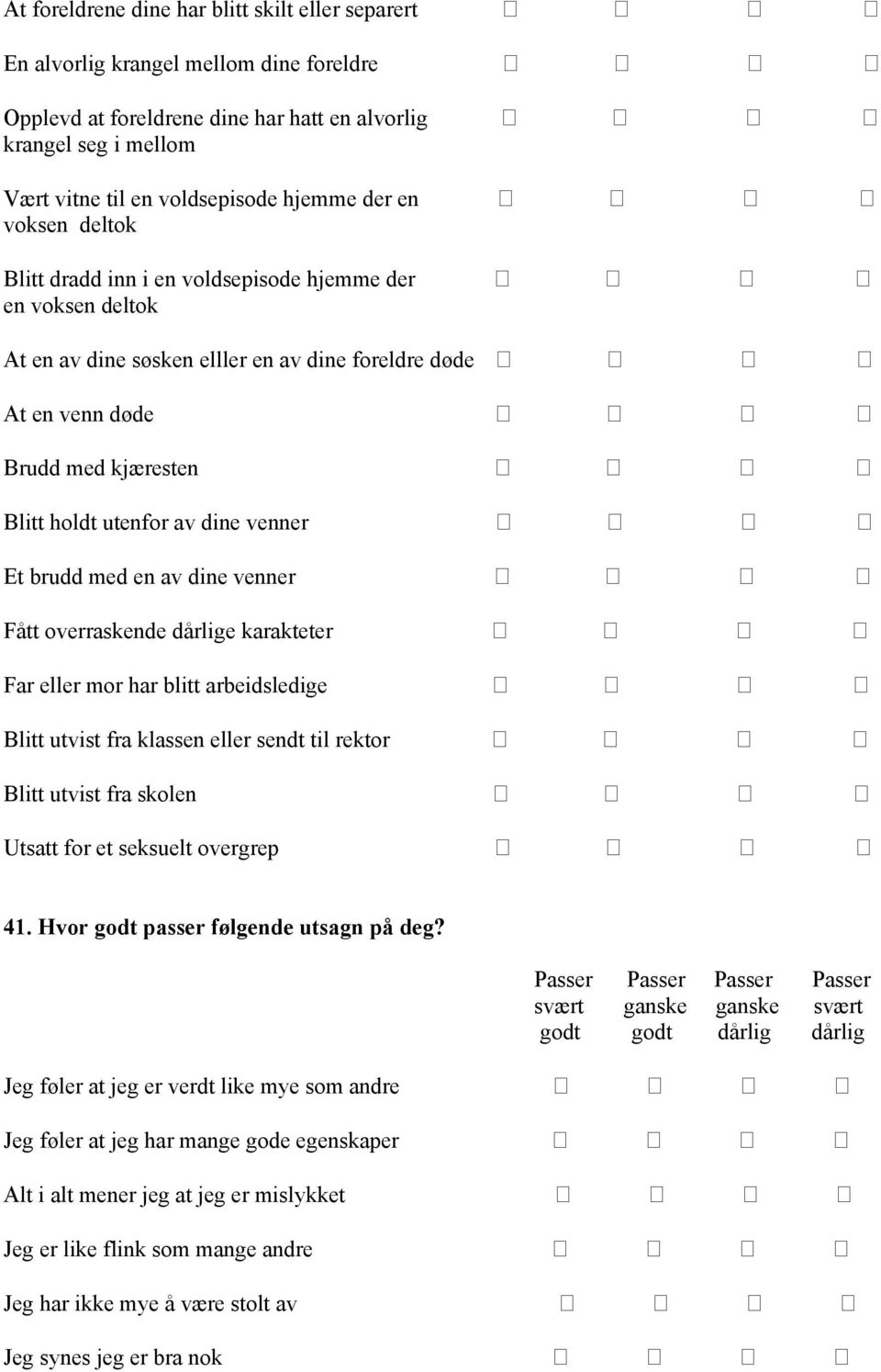 venner Et brudd med en av dine venner Fått overraskende dårlige karakteter Far eller mor har blitt arbeidsledige Blitt utvist fra klassen eller sendt til rektor Blitt utvist fra skolen Utsatt for et