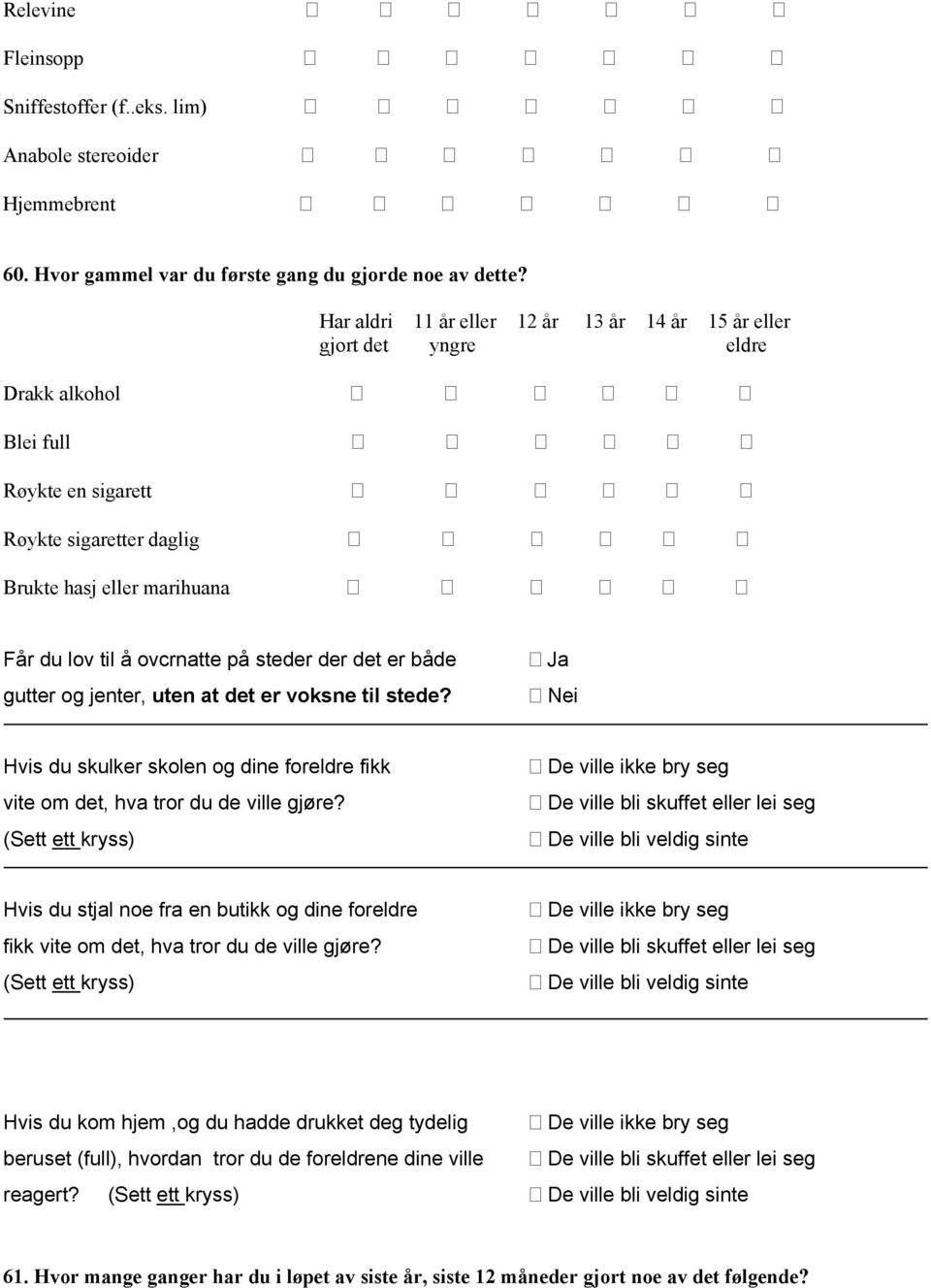 steder der det er både gutter og jenter, uten at det er voksne til stede? Ja Nei Hvis du skulker skolen og dine foreldre fikk vite om det, hva tror du de ville gjøre?