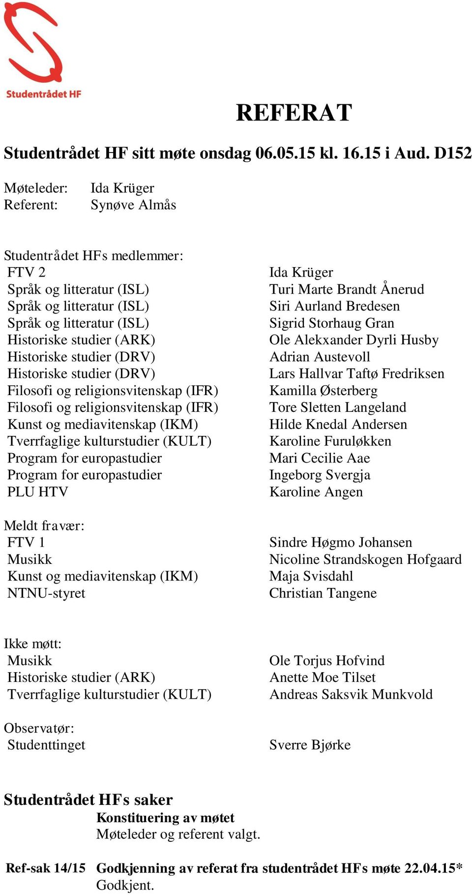 religionsvitenskap (IFR) Kunst og mediavitenskap (IKM) Tverrfaglige kulturstudier (KULT) Program for europastudier Program for europastudier PLU HTV Meldt fravær: FTV 1 Musikk Kunst og mediavitenskap