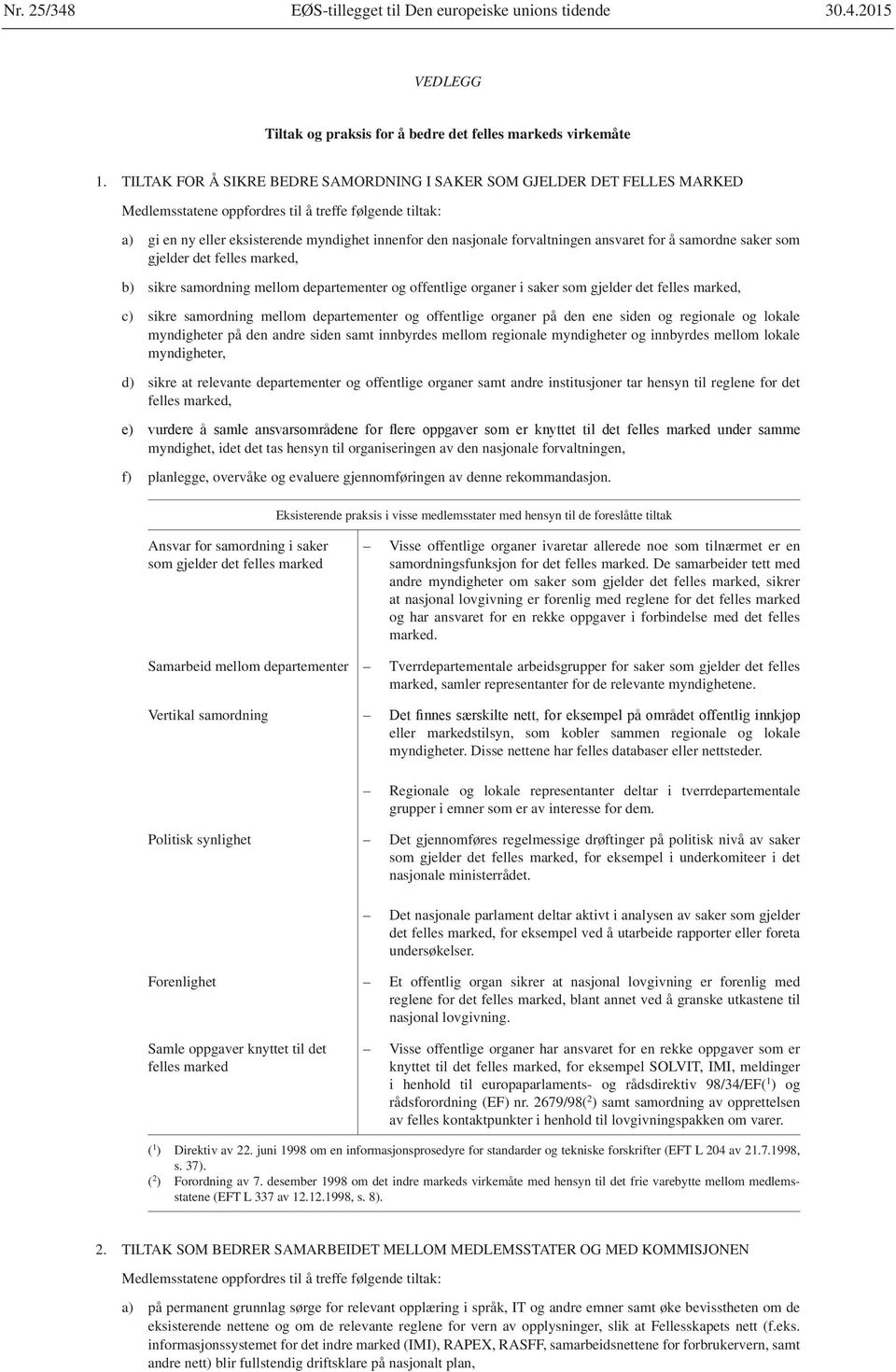 felles marked, b) sikre samordning mellom departementer og offentlige organer i saker som gjelder det felles marked, c) sikre samordning mellom departementer og offentlige organer på den ene siden og