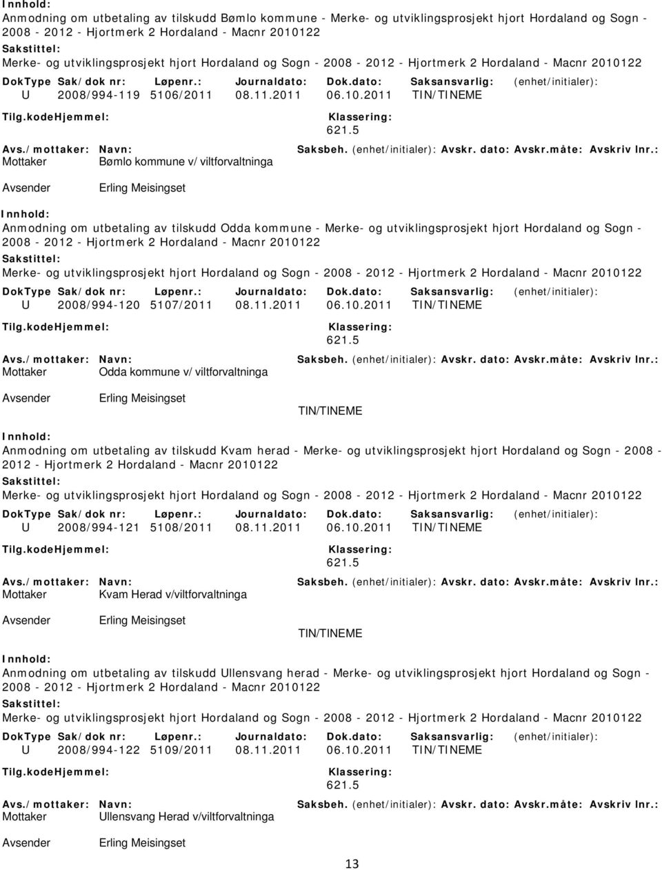 2011 TIN/TINEME Mottaker Bømlo kommune v/ viltforvaltninga Anmodning om utbetaling av tilskudd Odda kommune - Merke- og utviklingsprosjekt hjort Hordaland og Sogn - U 2008/994-120 51072011 TIN/TINEME