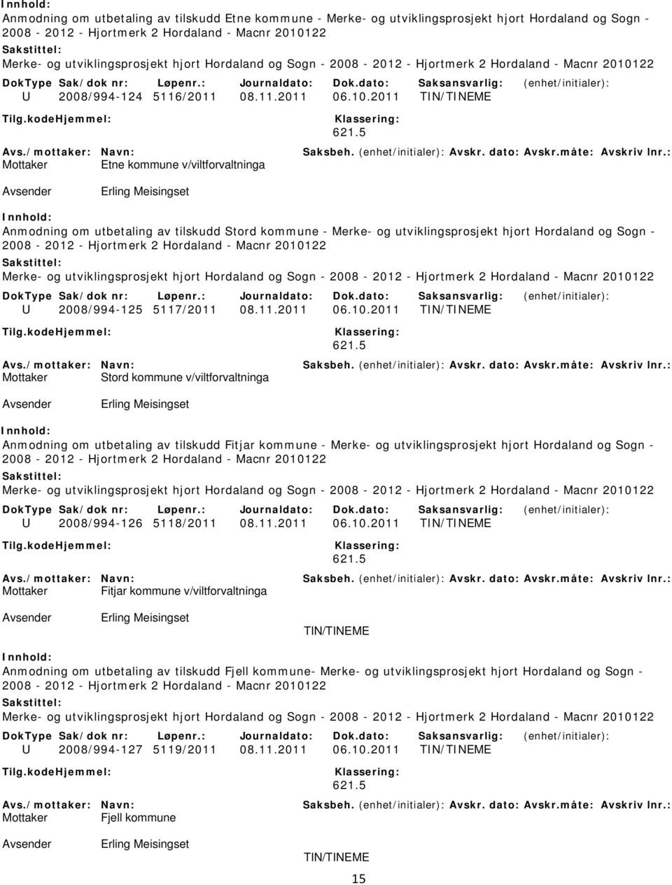 10.2011 TIN/TINEME Mottaker Stord kommune v/viltforvaltninga Anmodning om utbetaling av tilskudd Fitjar kommune - Merke- og utviklingsprosjekt hjort Hordaland og Sogn - U 2008/994-126 5118/2011 08.11.2011 06.