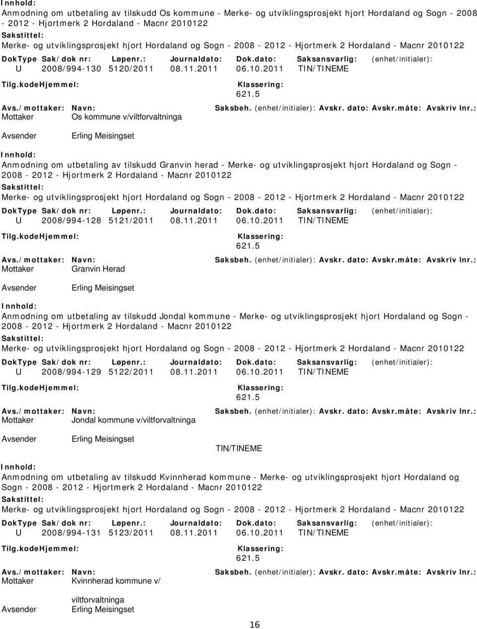 2011 TIN/TINEME Mottaker Os kommune v/viltforvaltninga Anmodning om utbetaling av tilskudd Granvin herad - Merke- og utviklingsprosjekt hjort Hordaland og Sogn - U 2008/994-128 5121/2011 08.11.2011 06.