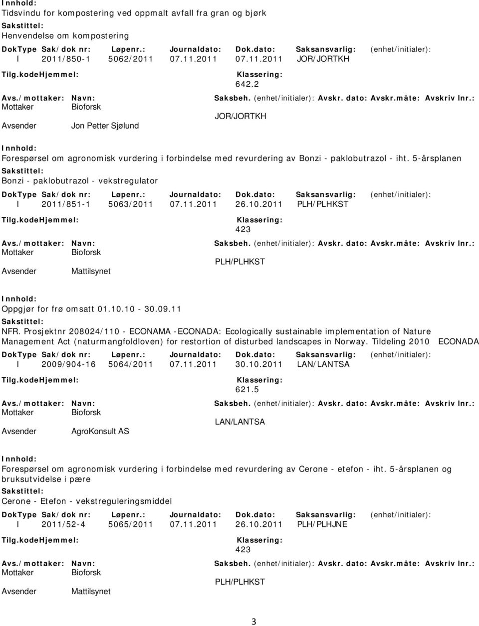 5-årsplanen Bonzi - paklobutrazol - vekstregulator I 2011/851-1 5063/2011 07.11.2011 26.10.2011 PLH/PLHKST 423 PLH/PLHKST Mattilsynet Oppgjør for frø omsatt 01.10.10-30.09.11 NFR.