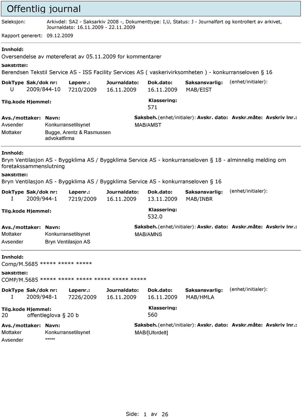 2009 for kommentarer Berendsen Tekstil Service AS - SS Facility Services AS ( vaskerivirksomheten ) - konkurranseloven 16 2009/844-10 7210/2009 MAB/EST 571 MAB/AMST Mottaker Bugge, Arentz & Rasmussen