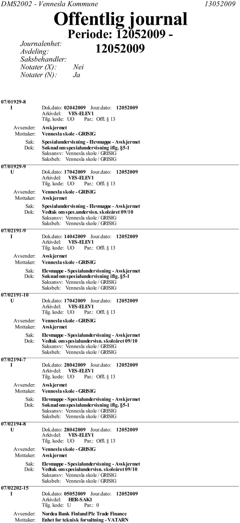 dato: Vennesla skole - GRISIG Spesialundervisning - Elevmappe - Avskjermet Vedtak om spes.undervisn. skoleåret 09/10 07/02191-9 I Dok.dato: 14042009 Jour.