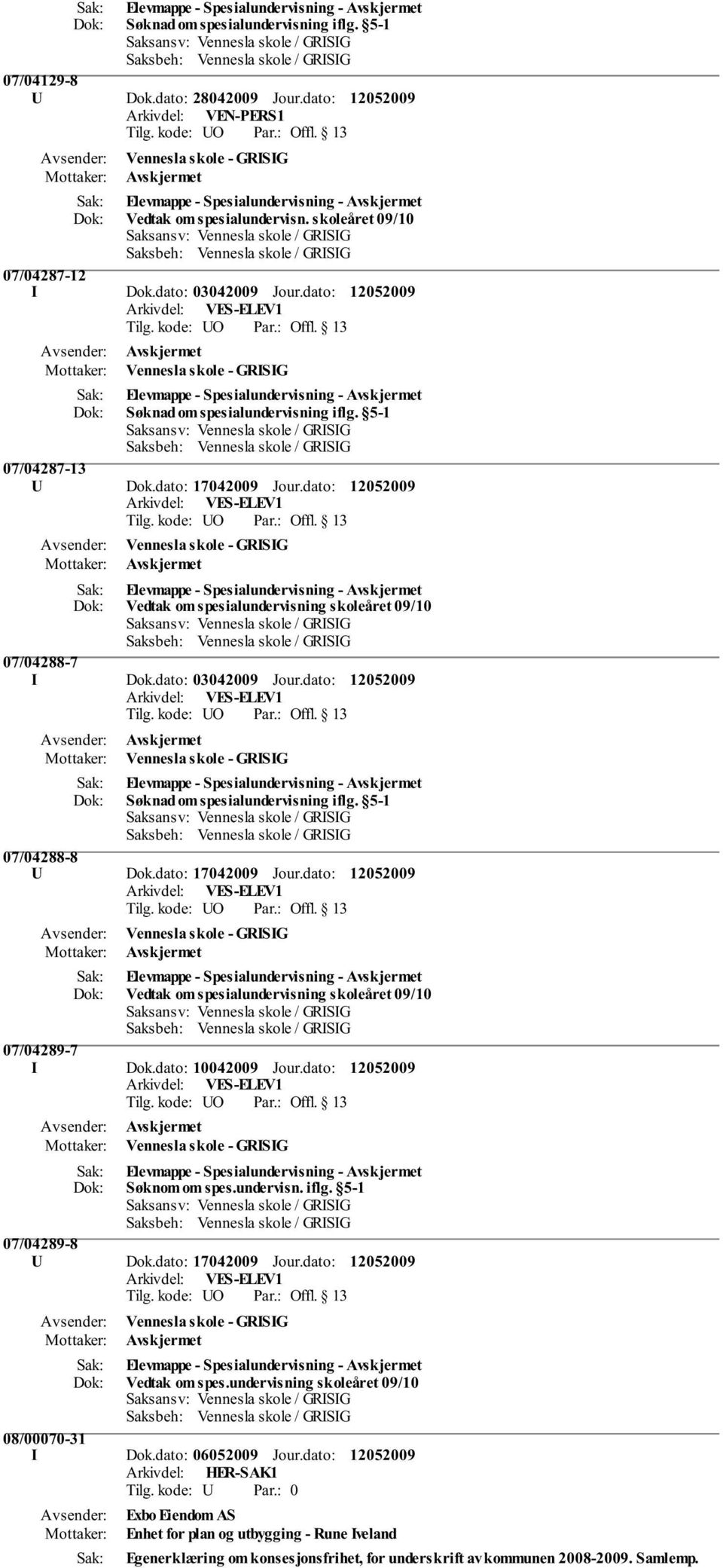 dato: Vennesla skole - GRISIG Vedtak om spesialundervisning skoleåret 09/10 07/04288-7 I Dok.dato: 03042009 Jour.dato: Avskjermet Vennesla skole - GRISIG Søknad om spesialundervisning iflg.