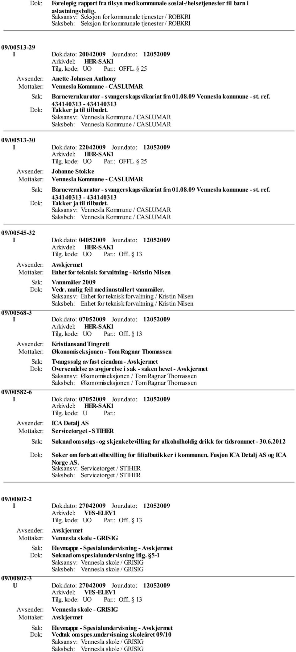 dato: Anette Johnsen Anthony Vennesla Kommune - CASLUMAR Barnevernkurator - svangerskapsvikariat fra 01.08.09 Vennesla kommune - st. ref. 434140313-434140313 Takker ja til tilbudet. 09/00513-30 I Dok.