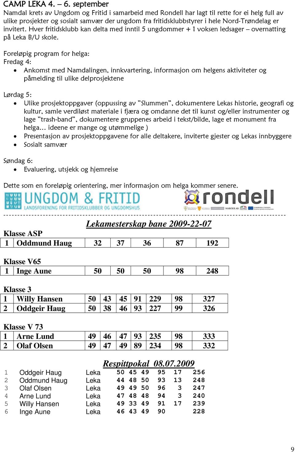 invitert. Hver fritidsklubb kan delta med inntil 5 ungdommer + 1 voksen ledsager overnatting på Leka B/U skole.