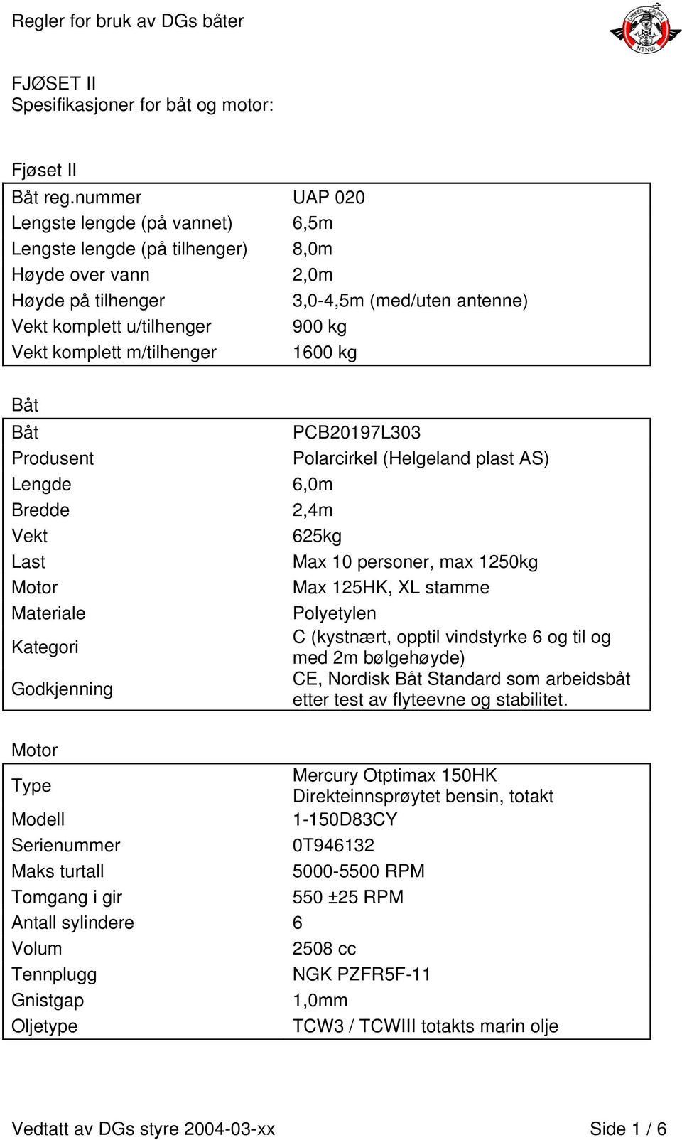 m/tilhenger 1600 kg Båt Båt PCB20197L303 Produsent Polarcirkel (Helgeland plast AS) Lengde 6,0m Bredde 2,4m Vekt 625kg Last Max 10 personer, max 1250kg Motor Max 125HK, XL stamme Materiale Polyetylen