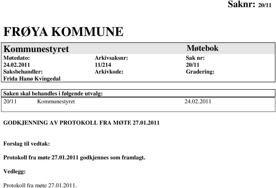 Gradering: Saken skal behandles i følgende utvalg: 20/11 Kommunestyret 24.02.