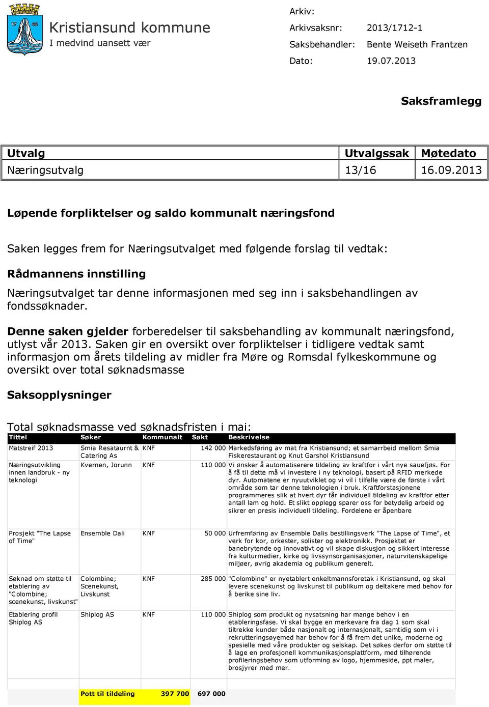 inn i saksbehandlingen av fondssøknader. Denne saken gjelder forberedelser til saksbehandling av kommunalt næringsfond, utlyst vår 2013.