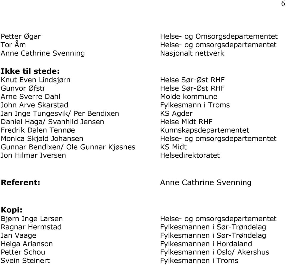 Sør-Øst RHF Molde kommune Fylkesmann i Troms KS Agder Helse Midt RHF Kunnskapsdepartementet Helse- og omsorgsdepartementet KS Midt Helsedirektoratet Referent: Anne Cathrine Svenning Kopi: Bjørn Inge