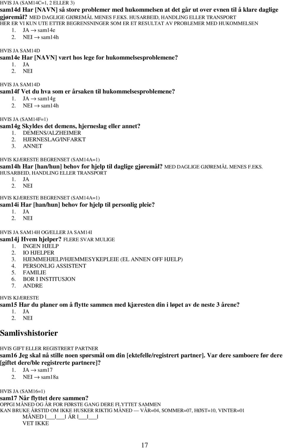 hukommelsesproblemene? HVIS JA SAM14D sam14f Vet du hva som er årsaken til hukommelsesproblemene? sam14g sam14h HVIS JA (SAM14F=1) sam14g Skyldes det demens, hjerneslag eller annet? 1.