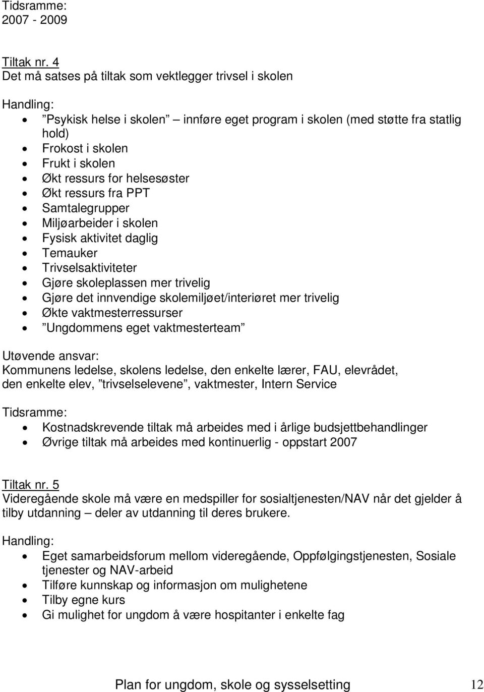 helsesøster Økt ressurs fra PPT Samtalegrupper Miljøarbeider i skolen Fysisk aktivitet daglig Temauker Trivselsaktiviteter Gjøre skoleplassen mer trivelig Gjøre det innvendige skolemiljøet/interiøret