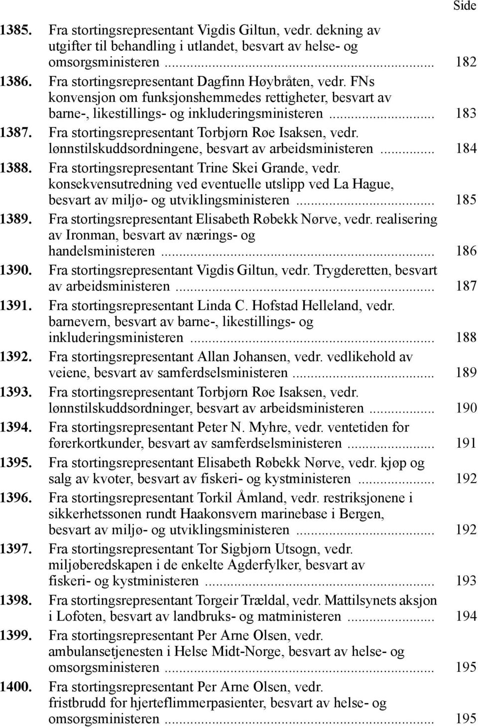 Fra stortingsrepresentant Torbjørn Røe Isaksen, vedr. lønnstilskuddsordningene, besvart av arbeidsministeren... 184 1388. Fra stortingsrepresentant Trine Skei Grande, vedr.