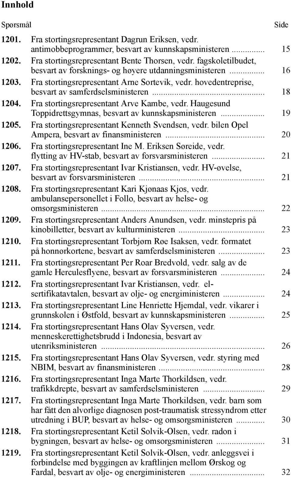 Fra stortingsrepresentant Arve Kambe, vedr. Haugesund Toppidrettsgymnas, besvart av kunnskapsministeren... 19 1205. Fra stortingsrepresentant Kenneth Svendsen, vedr.