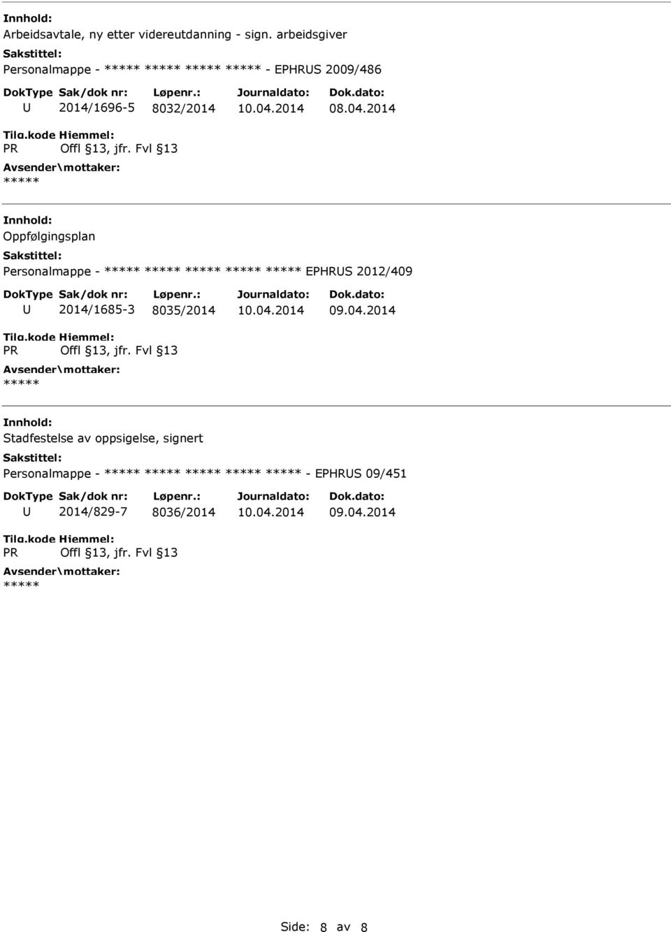 Fvl 13 Oppfølgingsplan Personalmappe - EPHRS 2012/409 PR 2014/1685-3 8035/2014 Offl 13,