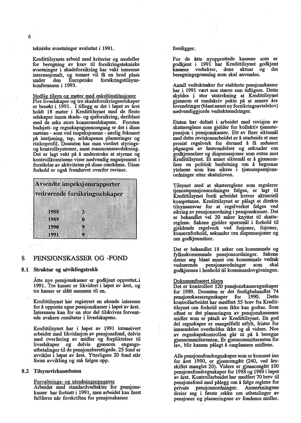 den Europeiske forsikringstilsynskonferansen i 1993. Stedlig tilsvn og møter med enkeltinstitusioner Fire livselskaper og tre skadeforsikringsselskaper er besøkt i 1991.