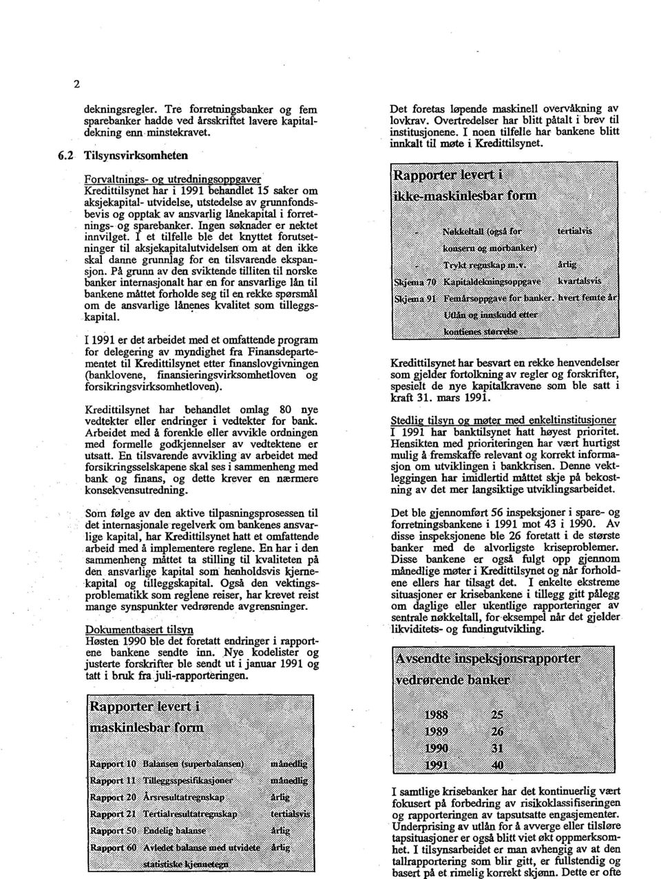 utredningso~~~aver Kredittilsvnet har i 1991 behandlet 15 saker om aksjekapital- utvidelse, utstedelse av grumfondsbevis og opptak av ansvarlig lkekapital i forretnings- og sparebanker.