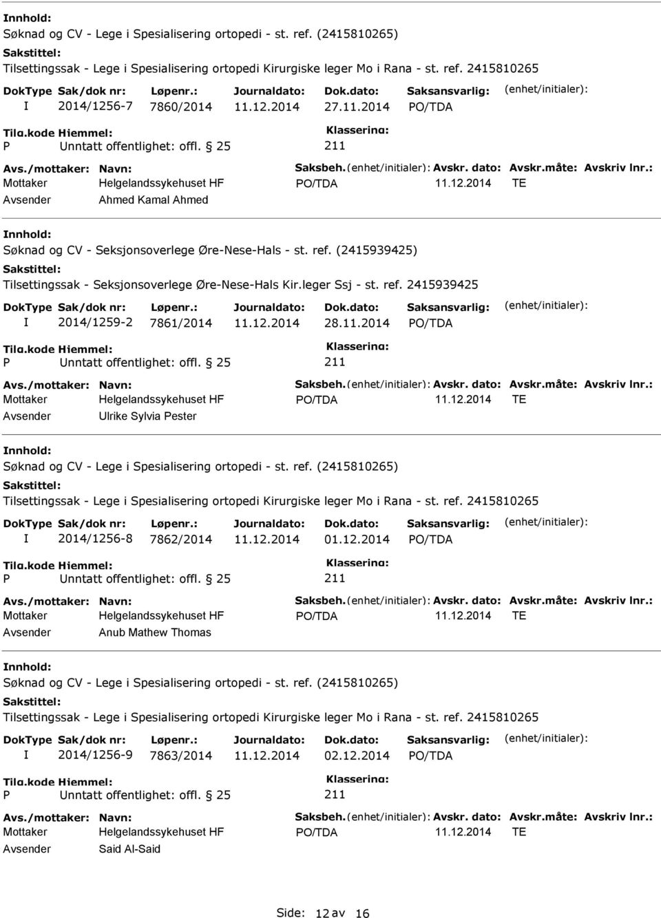 (2415939425) Tilsettingssak - Seksjonsoverlege Øre-Nese-Hals Kir.leger Ssj - st. ref. 2415939425 2014/1259-2 7861/2014 28.11.