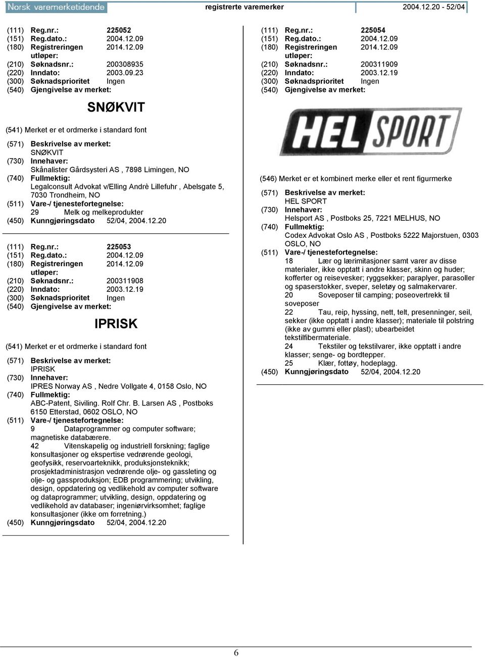 dato.: 2004.12.09 (180) Registreringen 2014.12.09 (210) Søknadsnr.: 200311908 (220) Inndato: 2003.12.19 IPRISK IPRISK IPRES Norway AS, Nedre Vollgate 4, 0158 Oslo, NO ABC-Patent, Siviling. Rolf Chr.