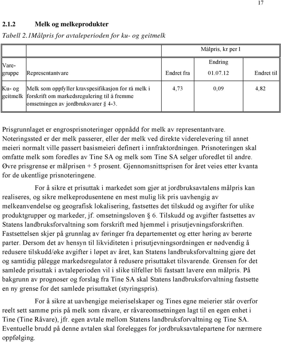 4,73 0,09 4,82 Prisgrunnlaget er engrosprisnoteringer oppnådd for melk av representantvare.