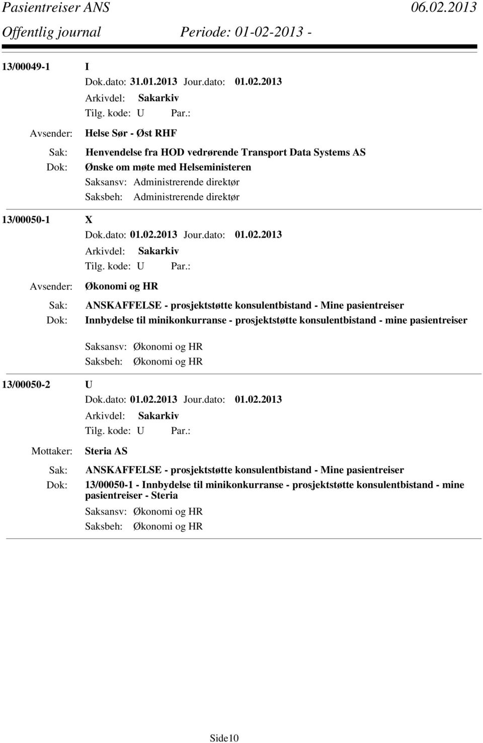 Administrerende direktør 13/00050-1 X Økonomi og HR ANSKAFFELSE - prosjektstøtte konsulentbistand - Mine pasientreiser Innbydelse til minikonkurranse - prosjektstøtte