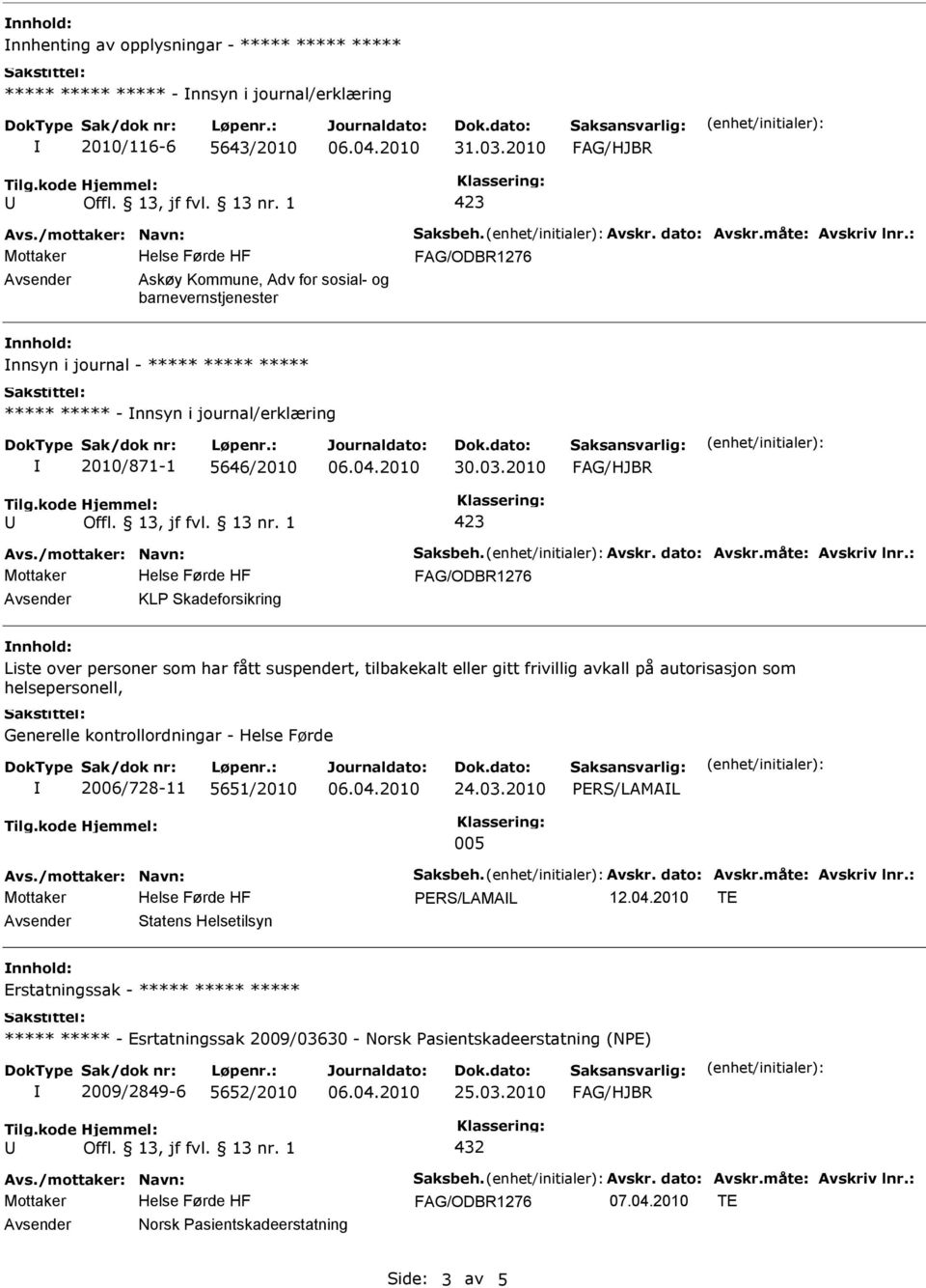 Liste over personer som har fått suspendert, tilbakekalt eller gitt frivillig avkall på autorisasjon som helsepersonell, Generelle kontrollordningar - Helse Førde 2006/728-11