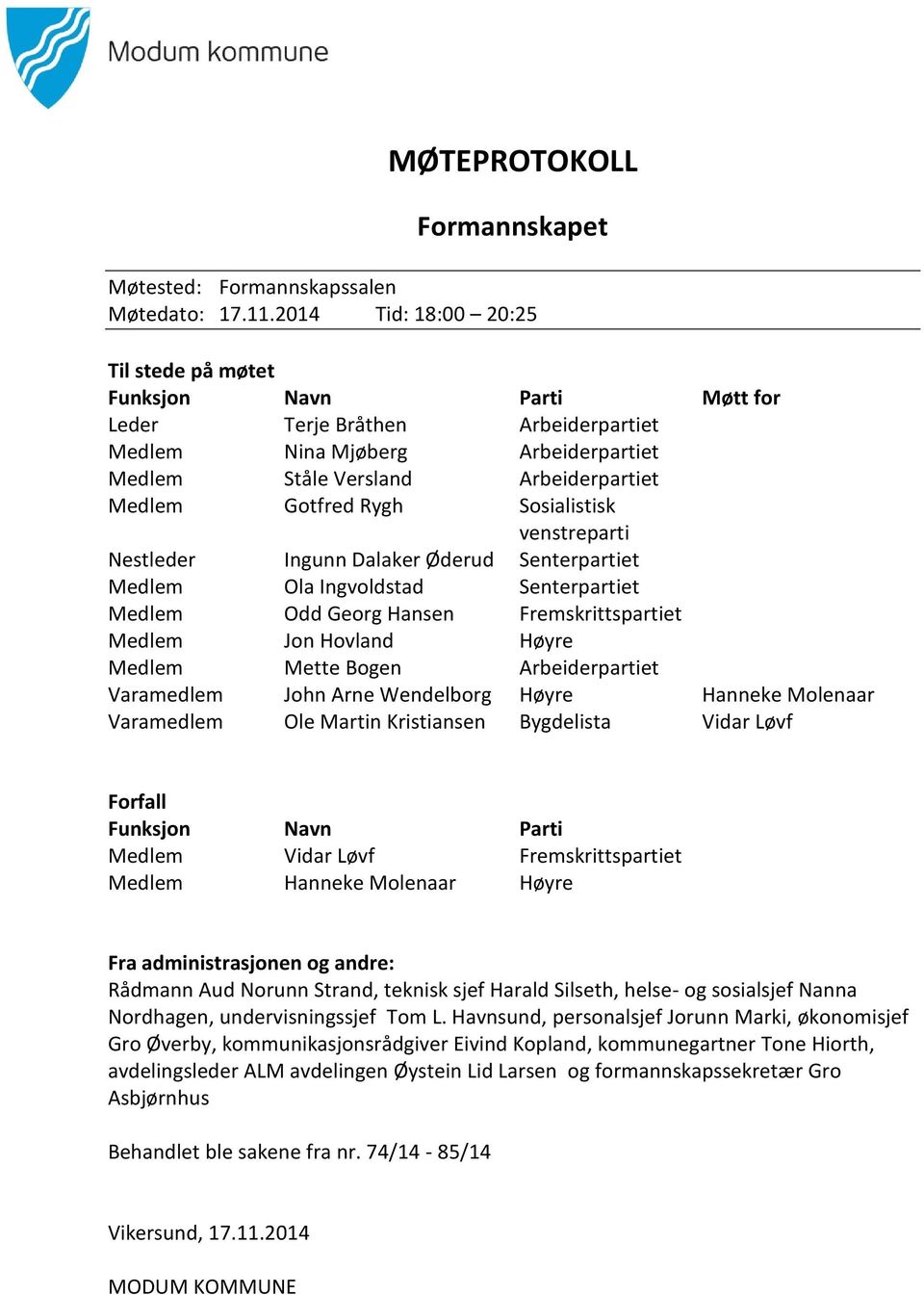 Sosialistisk venstreparti Nestleder Ingunn Dalaker Øderud Senterpartiet Medlem Ola Ingvoldstad Senterpartiet Medlem Odd Georg Hansen Fremskrittspartiet Medlem Jon Hovland Høyre Medlem Mette Bogen