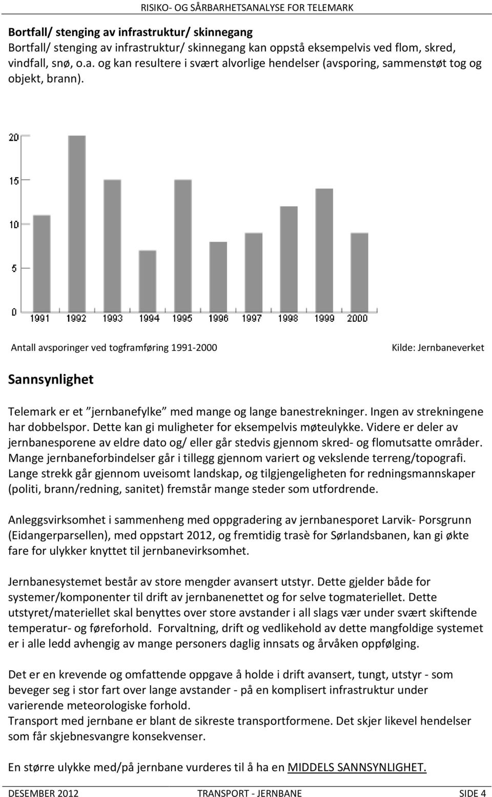 Dette kan gi muligheter for eksempelvis møteulykke. Videre er deler av jernbanesporene av eldre dato og/ eller går stedvis gjennom skred- og flomutsatte områder.