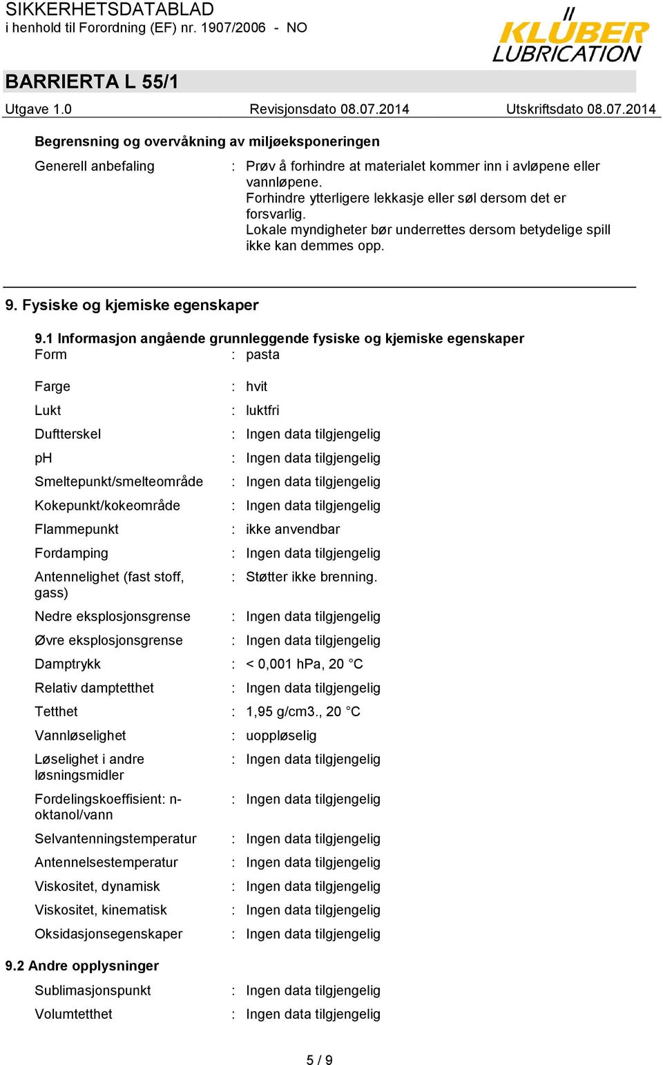 1 Informasjon angående grunnleggende fysiske og kjemiske egenskaper Form : pasta Farge Lukt Duftterskel ph Smeltepunkt/smelteområde Kokepunkt/kokeområde Flammepunkt Fordamping Antennelighet (fast