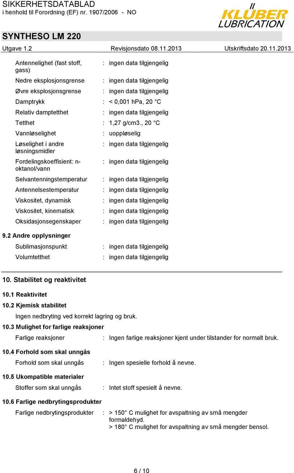 Oksidasjonsegenskaper : uoppløselig 9.2 Andre opplysninger Sublimasjonspunkt Volumtetthet 10. Stabilitet og reaktivitet 10.1 Reaktivitet 10.