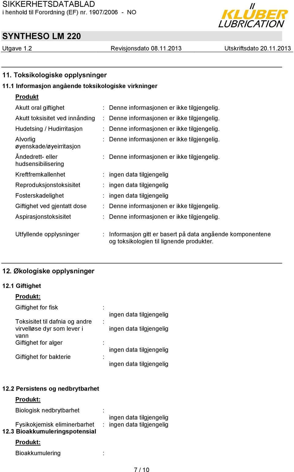 hudsensibilisering Kreftfremkallenhet Reproduksjonstoksisitet Fosterskadelighet Giftighet ved gjentatt dose Aspirasjonstoksisitet Utfyllende opplysninger : Informasjon gitt er basert på data angående