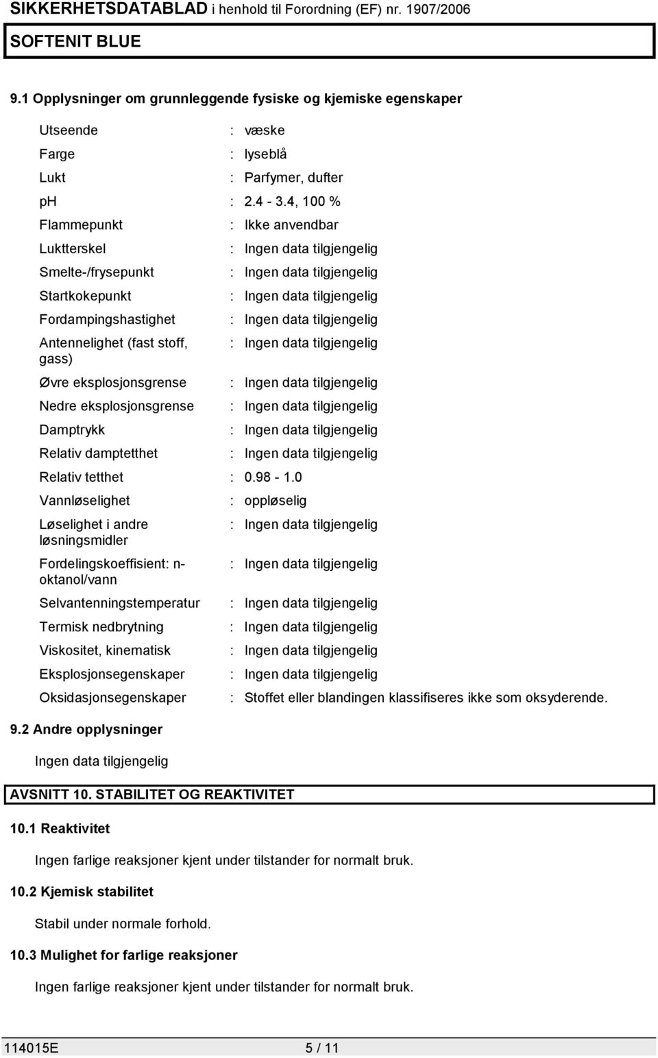 Ikke anvendbar Relativ tetthet : 0.98-1.