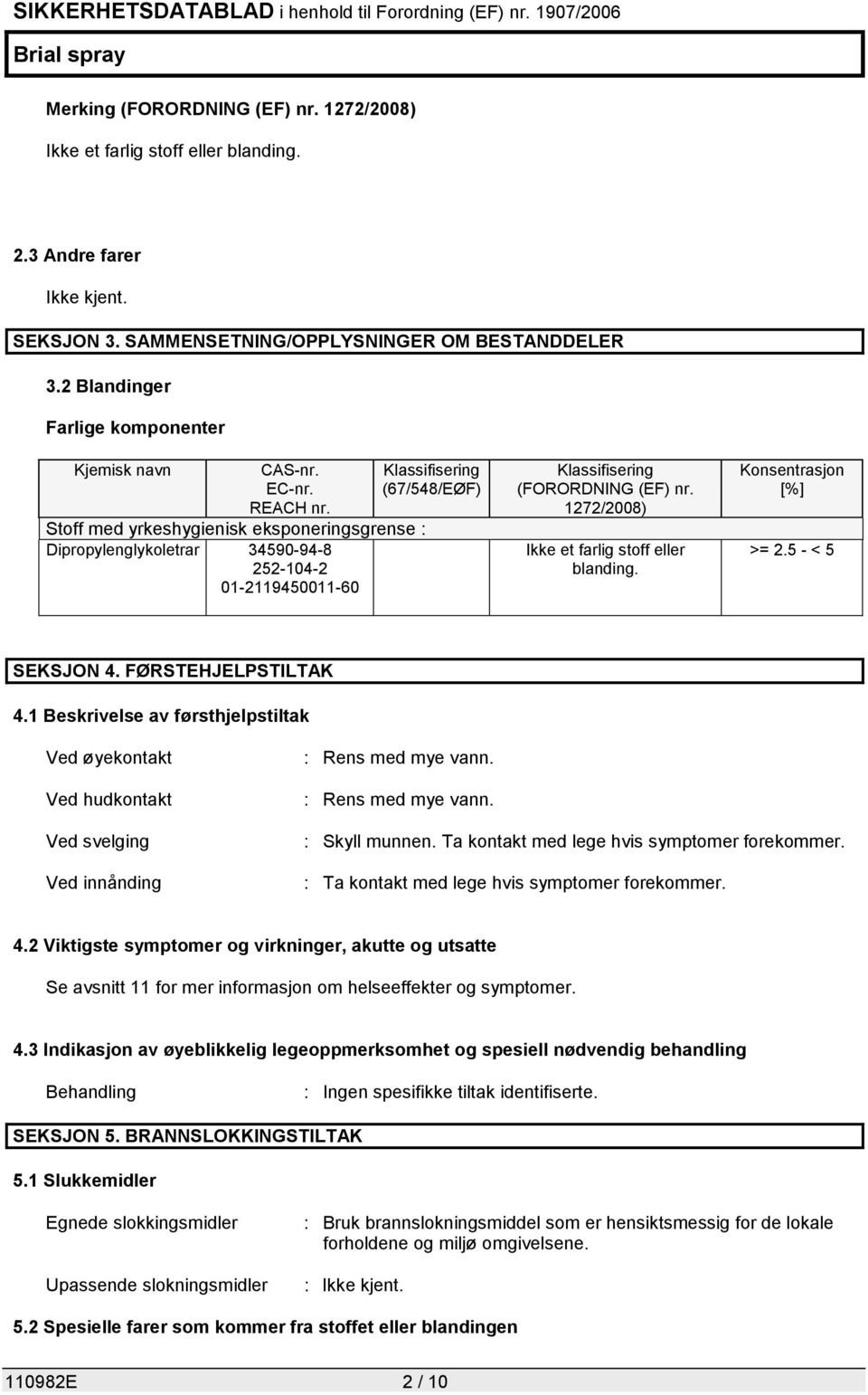 Stoff med yrkeshygienisk eksponeringsgrense : Dipropylenglykoletrar 34590-94-8 252-104-2 01-2119450011-60 Klassifisering (67/548/EØF) Klassifisering (FORORDNING (EF) nr.