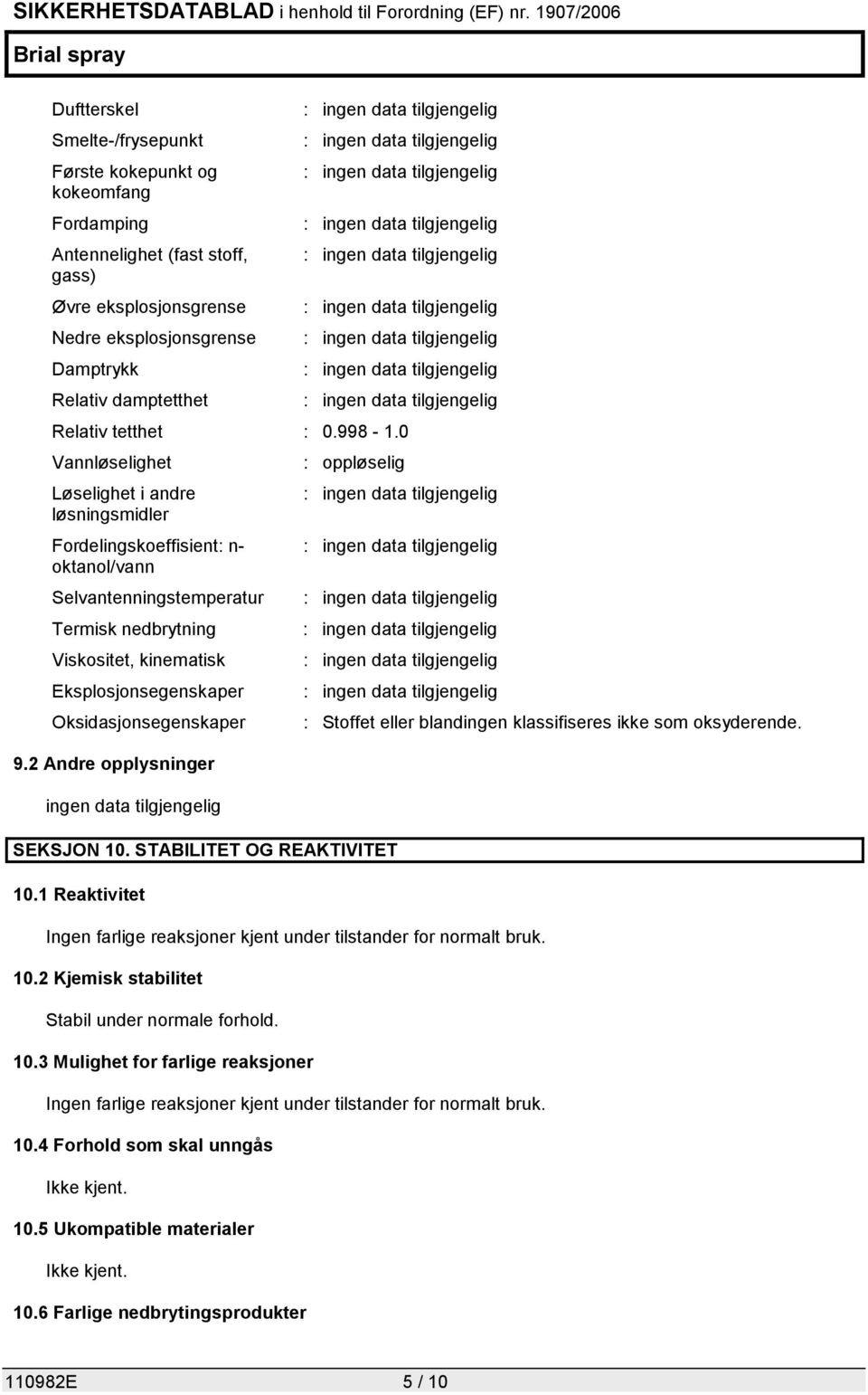 0 Vannløselighet Løselighet i andre løsningsmidler Fordelingskoeffisient: n- oktanol/vann Selvantenningstemperatur Termisk nedbrytning Viskositet, kinematisk Eksplosjonsegenskaper