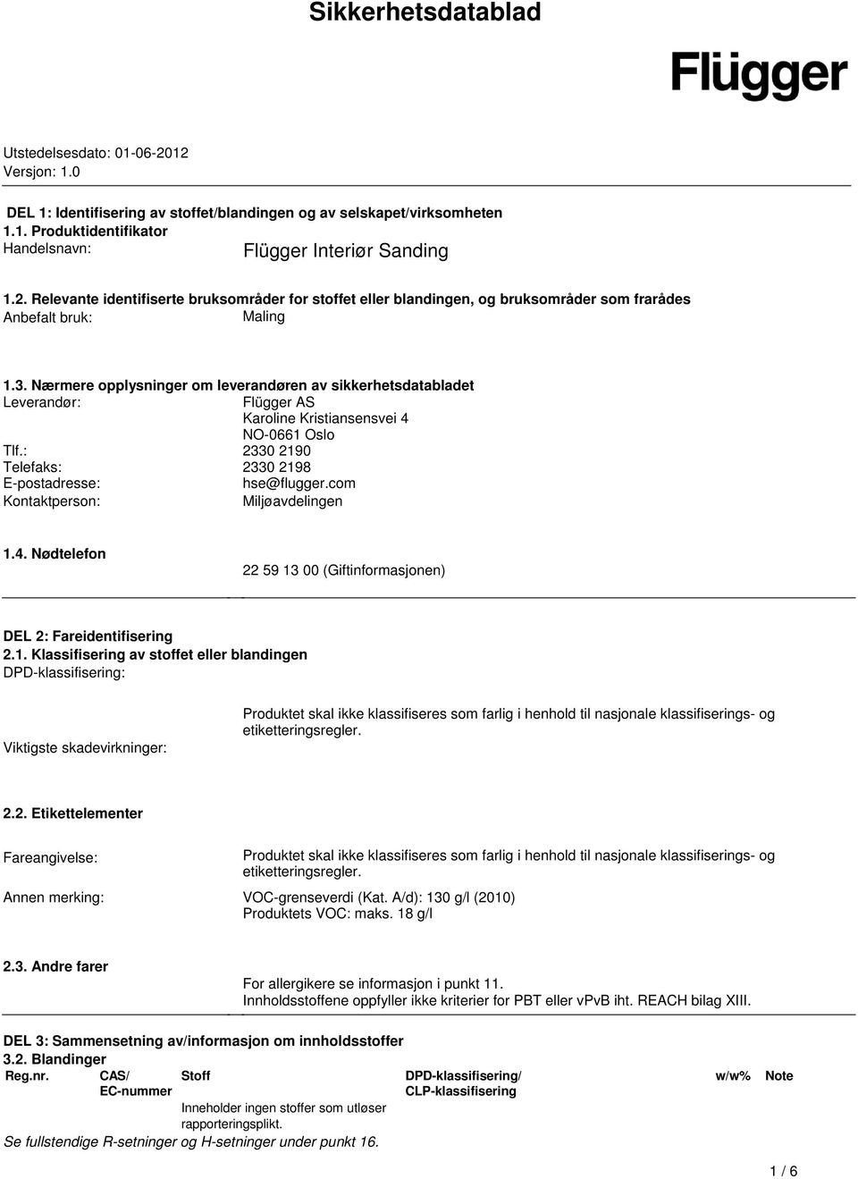 Nærmere opplysninger om leverandøren av sikkerhetsdatabladet Leverandør: Flügger AS Karoline Kristiansensvei 4 NO-0661 Oslo Tlf.: 2330 2190 Telefaks: 2330 2198 E-postadresse: hse@flugger.