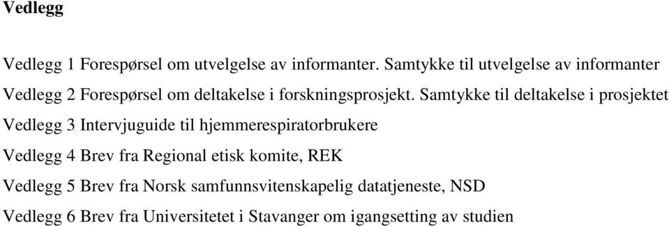 Samtykke til deltakelse i prosjektet Vedlegg 3 Intervjuguide til hjemmerespiratorbrukere Vedlegg 4 Brev