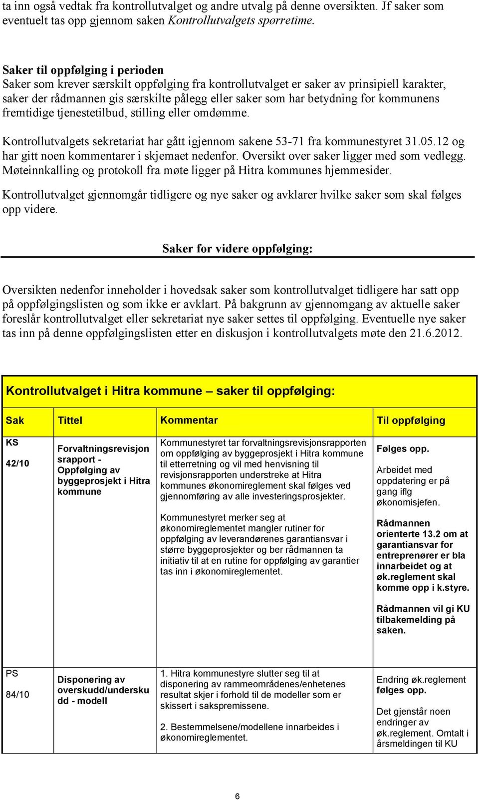 kommunens fremtidige tjenestetilbud, stilling eller omdømme. Kontrollutvalgets sekretariat har gått igjennom sakene 53-71 fra kommunestyret 31.05.12 og har gitt noen kommentarer i skjemaet nedenfor.