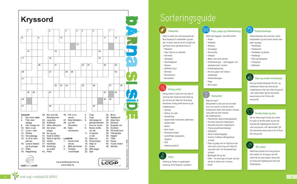 Lang fisk 24. Kråkelyd 27. Atten delt på to 28. Dei store islaga 30. Du og eg 31. Godt å drikke 32. Stad å sjå film 35. Veske 37. Hestehår 39. Sortering av avfall 43. Flirte 45. Får vi av sauen 47.