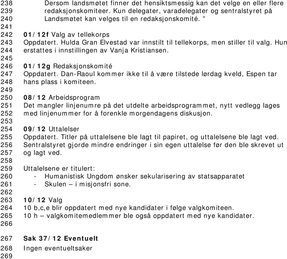 Hulda Gran Elvestad var innstilt til tellekorps, men stiller til valg. Hun erstattes i innstillingen av Vanja Kristiansen. 01/12g Redaksjonskomité Oppdatert.