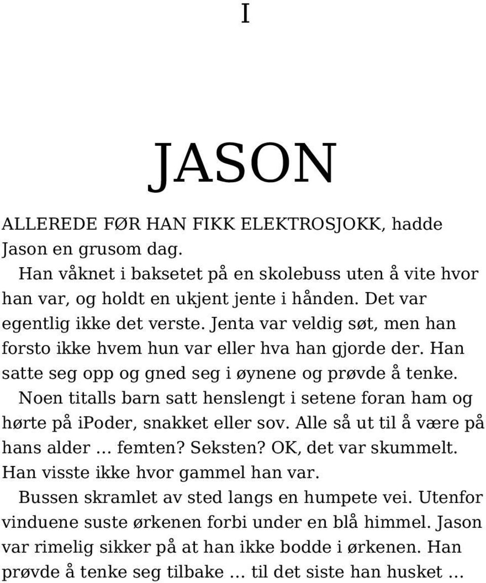 Noen titalls barn satt henslengt i setene foran ham og hørte på ipoder, snakket eller sov. Alle så ut til å være på hans alder femten? Seksten? OK, det var skummelt.