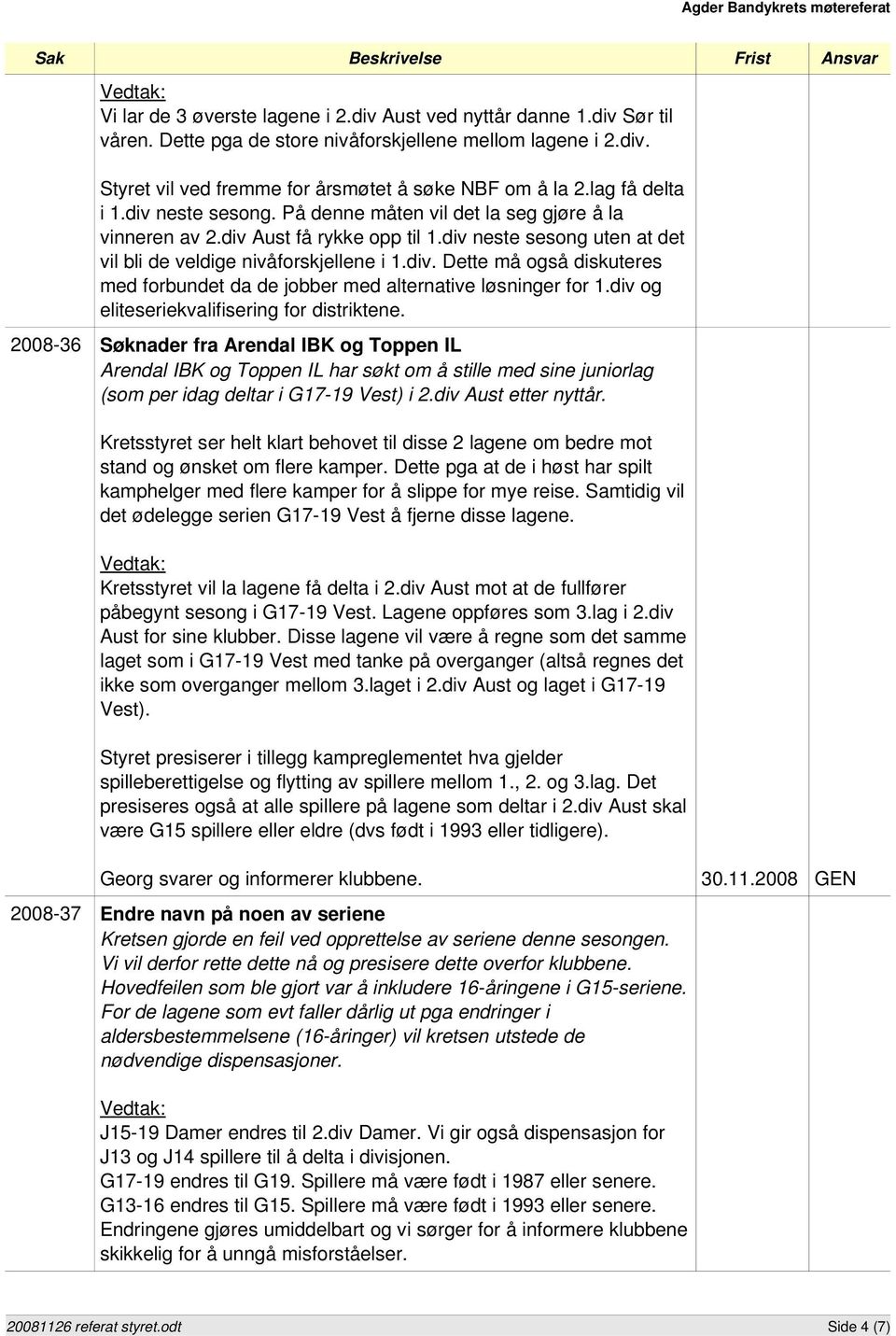 div og eliteseriekvalifisering for distriktene. 2008 36 Søknader fra Arendal IBK og Toppen IL Arendal IBK og Toppen IL har søkt om å stille med sine juniorlag (som per idag deltar i G17 19 Vest) i 2.