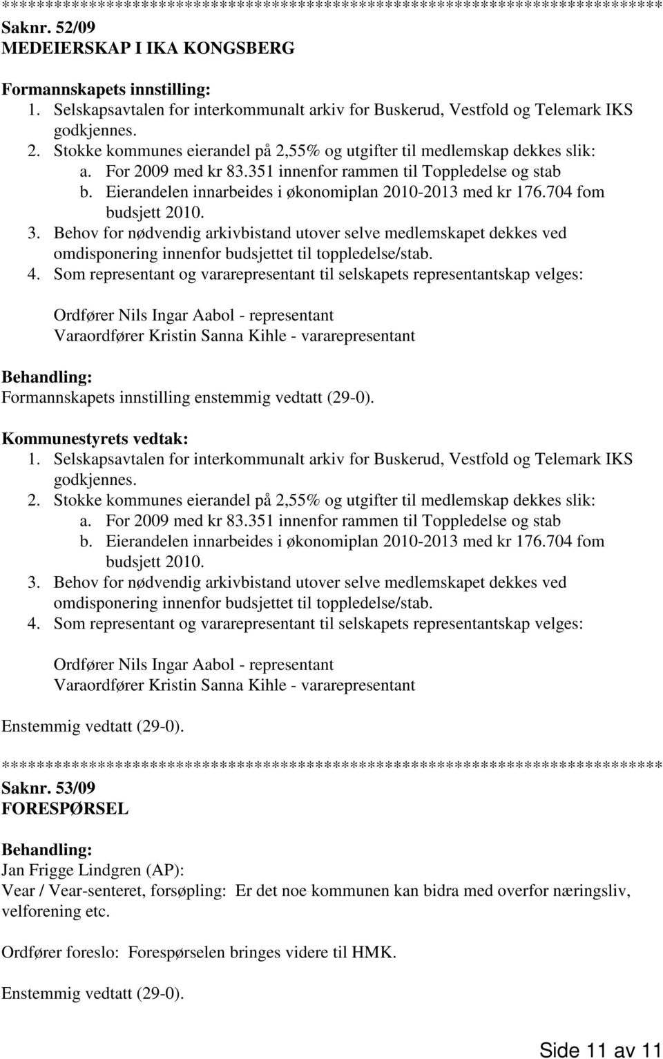 Eierandelen innarbeides i økonomiplan 2010-2013 med kr 176.704 fom budsjett 2010. 3.