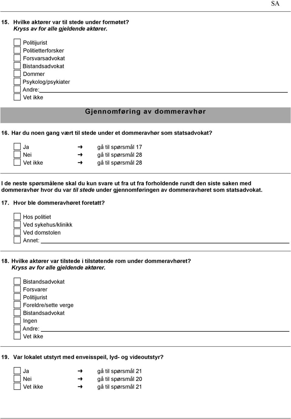 Ja gå til spørsmål 17 Nei gå til spørsmål 28 gå til spørsmål 28 I de neste spørsmålene skal du kun svare ut fra ut fra forholdende rundt den siste saken med dommeravhør hvor du var til stede under