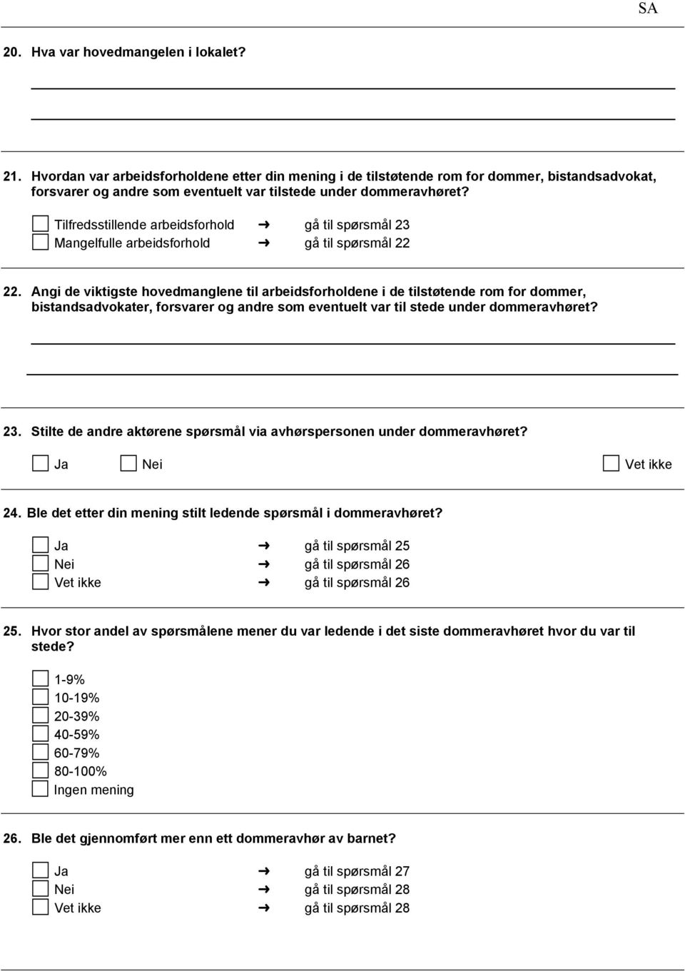 Tilfredsstillende arbeidsforhold gå til spørsmål 23 Mangelfulle arbeidsforhold gå til spørsmål 22 22.